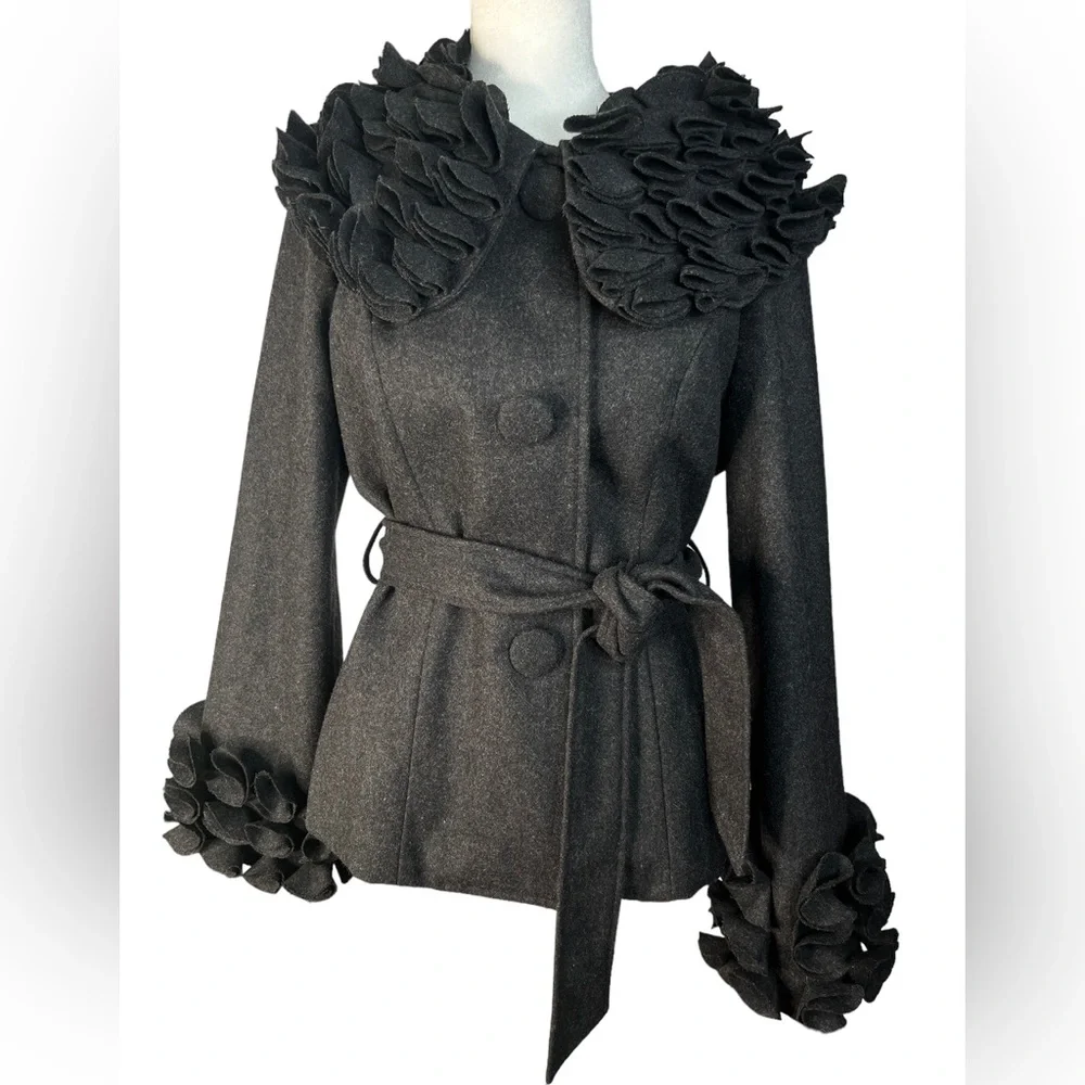 Feratelli Elegant Black Pea Coat with Ruffle Details - Picture 1 of 10
